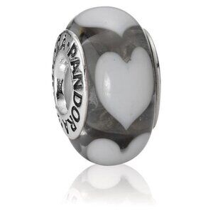PANDORA Clear with White Hearts Charm Authentic Silver Murano Glass Romance